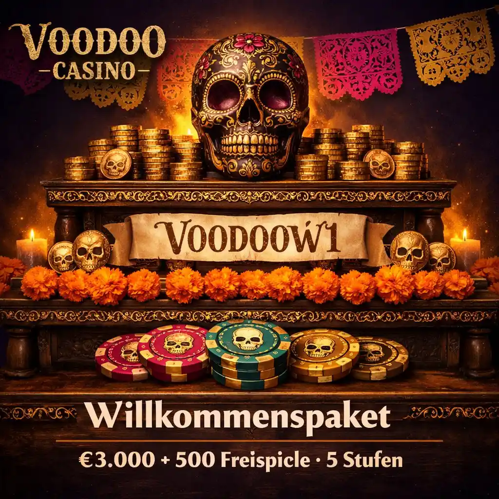 Voodoo Casino Bonus Totenkopf Altar Ofrenda Gold Münzen Ringelblumen Teal dunkel