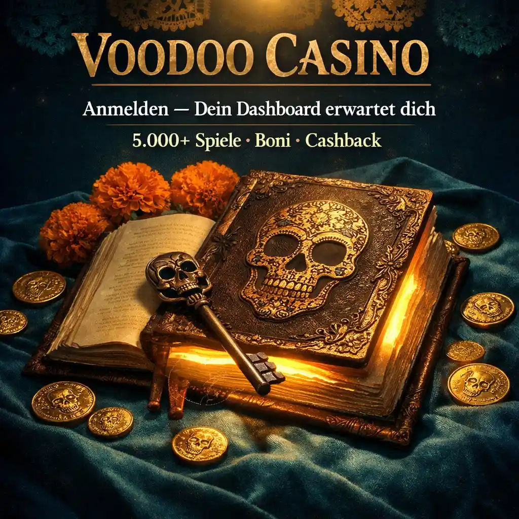Voodoo Casino Login Totenkopf Grimoire Schlüssel Gold Magenta dunkel Teal