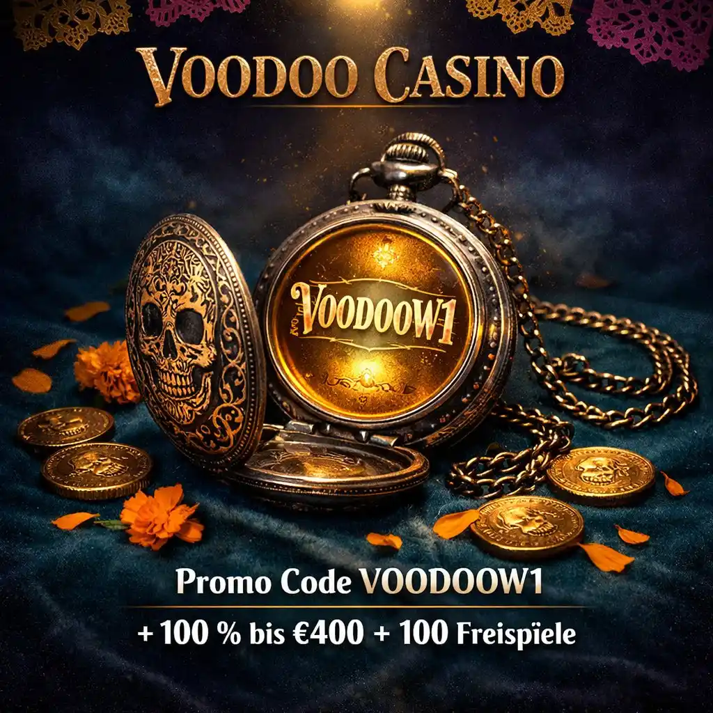 Voodoo Casino Promo Code VOODOOW1 Totenkopf Taschenuhr Gold Münzen dunkel Teal