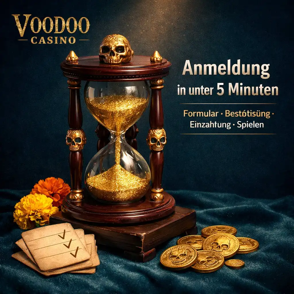 Voodoo Casino Registrierung Totenkopf Sanduhr Formulare Gold Teal dunkel