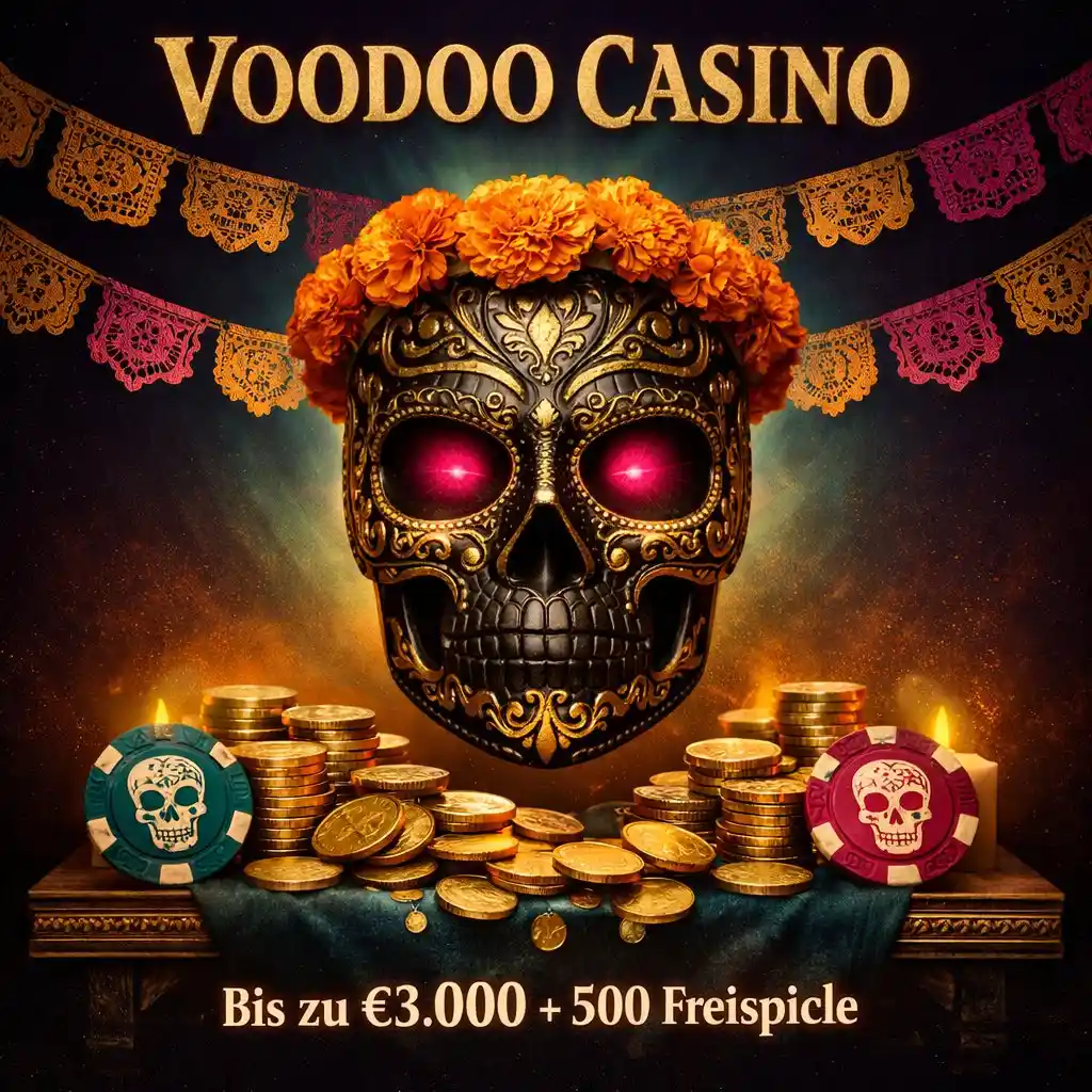 Voodoo Casino Willkommensbonus Ritual-Maske Gold Münzen Ofrenda Teal dunkel