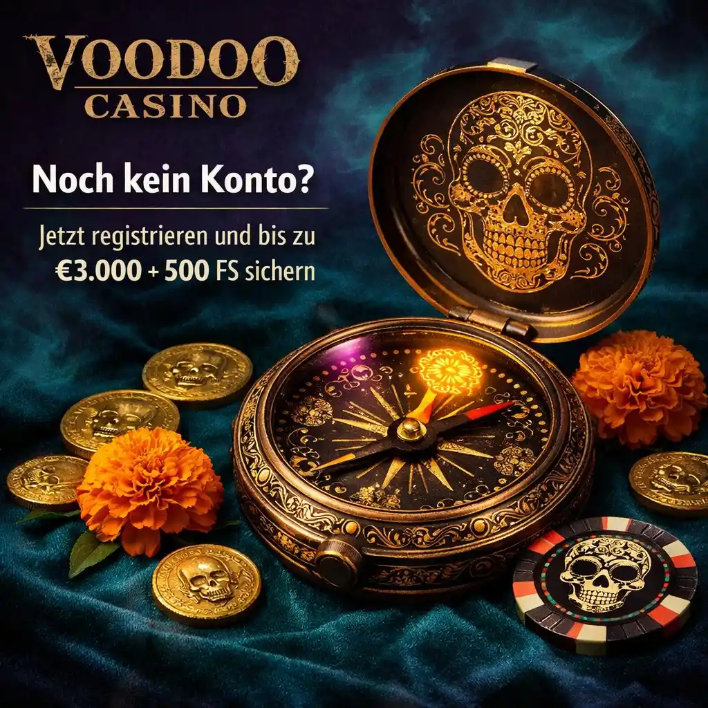 Voodoo Casino Registrierung Totenkopf Kompass Gold Münzen Teal dunkel