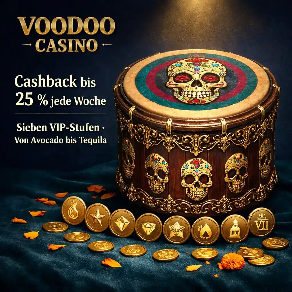 Voodoo Casino Cashback VIP Zeremonialtrommel Gold Münzen Teal dunkel lila