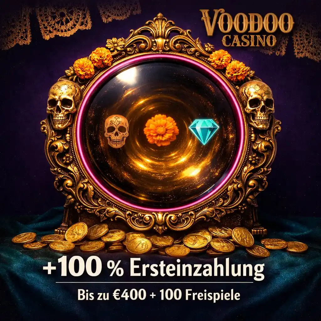 Voodoo Casino Ersteinzahlung Bonus Obsidian-Spiegel Slot-Symbole Gold Teal dunkel