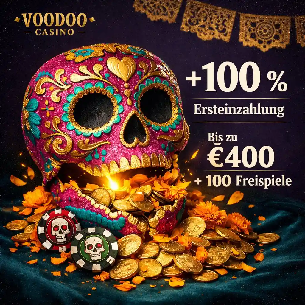 Voodoo Casino Ersteinzahlung Totenkopf Piñata Gold dunkel Teal